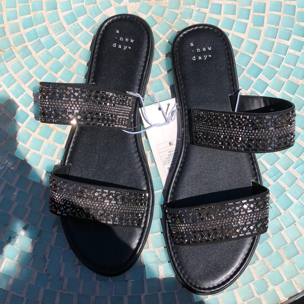 Black and gun metal bedazzled sandals size 8 1/2